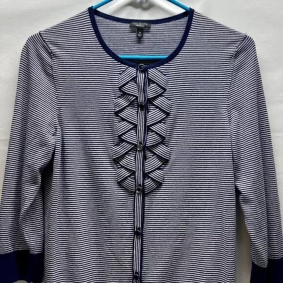 Talbots Ladies Button Front Ruffle Cardigan Medium Navy White Stripe 3/4 Sleeve - Picture 2 of 13